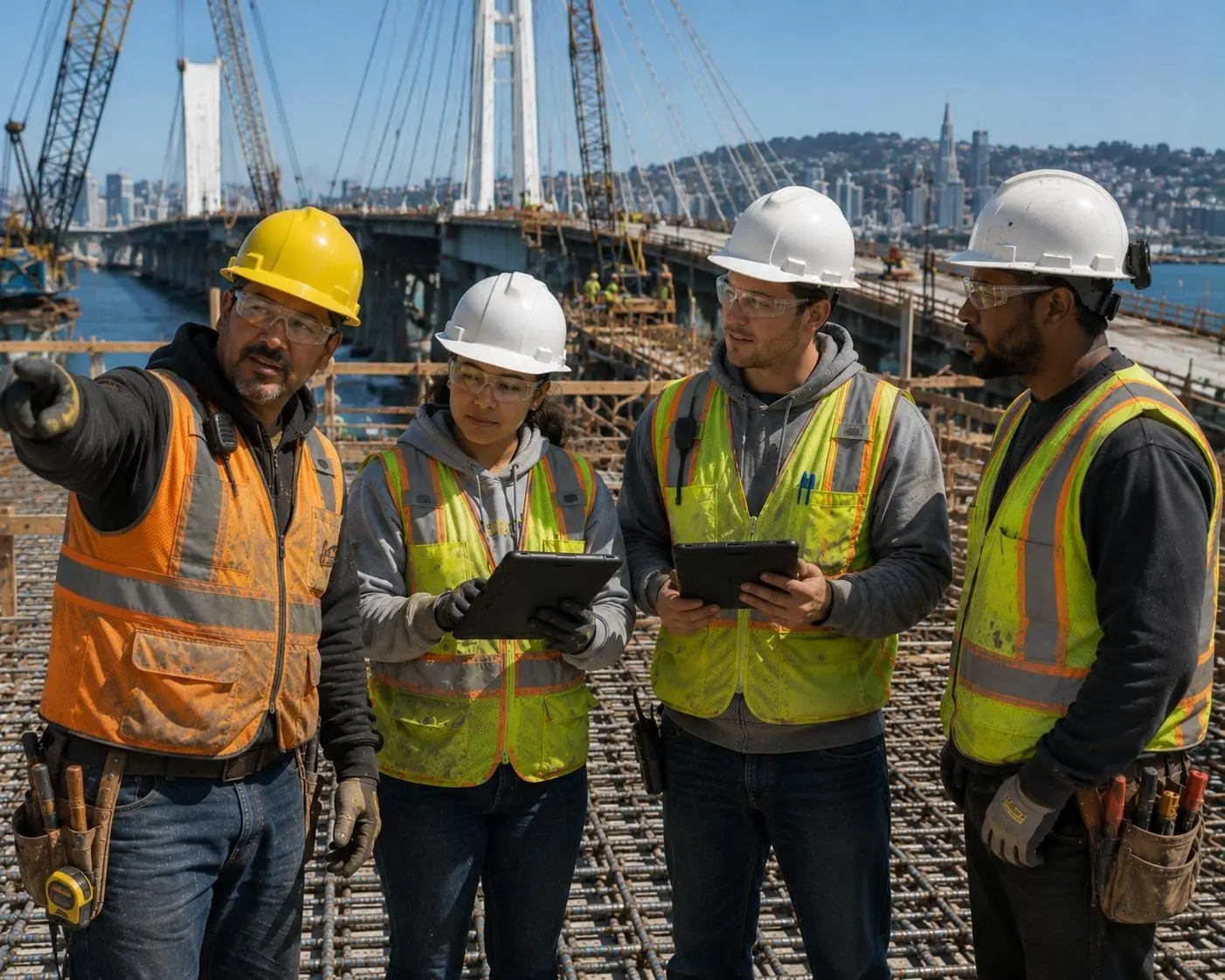 Construction workers in hard hats and high-visibility vests reviewing plans on a California job site