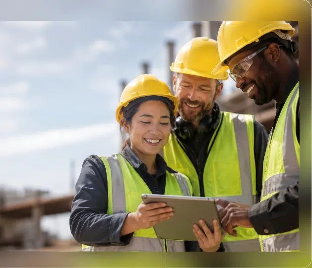 Construction team reviewing project data on a tablet