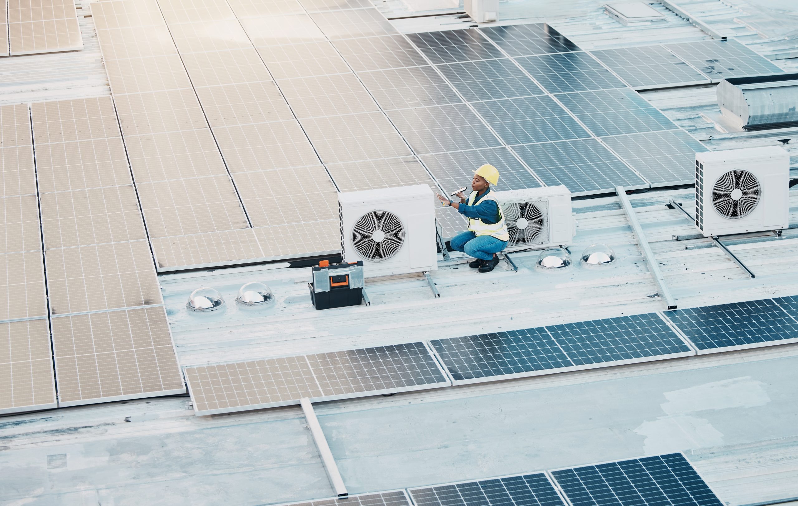 Engineer,Woman,,Speaker,Call,And,Phone,In,Construction,,Solar,Energy