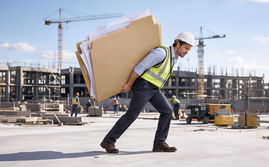 Site worker carrying an oversized folder of paperwork, illustrating a backlog of change order documentation