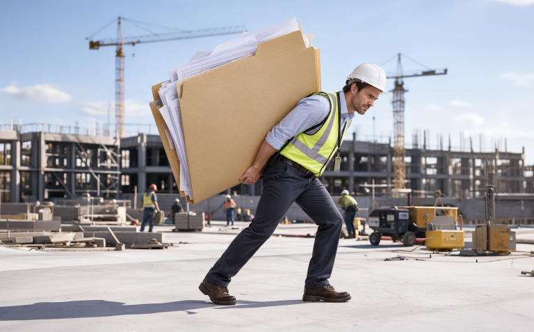 Site worker carrying an oversized folder of paperwork, illustrating a backlog of change order documentation