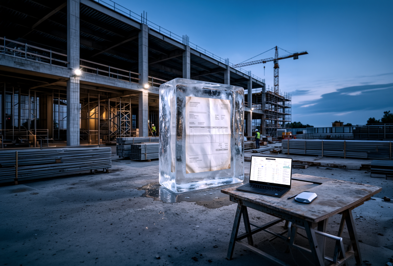 Block of ice holding invoices on a desk beside laptops and rolled plans, illustrating frozen cash flow from slow billing